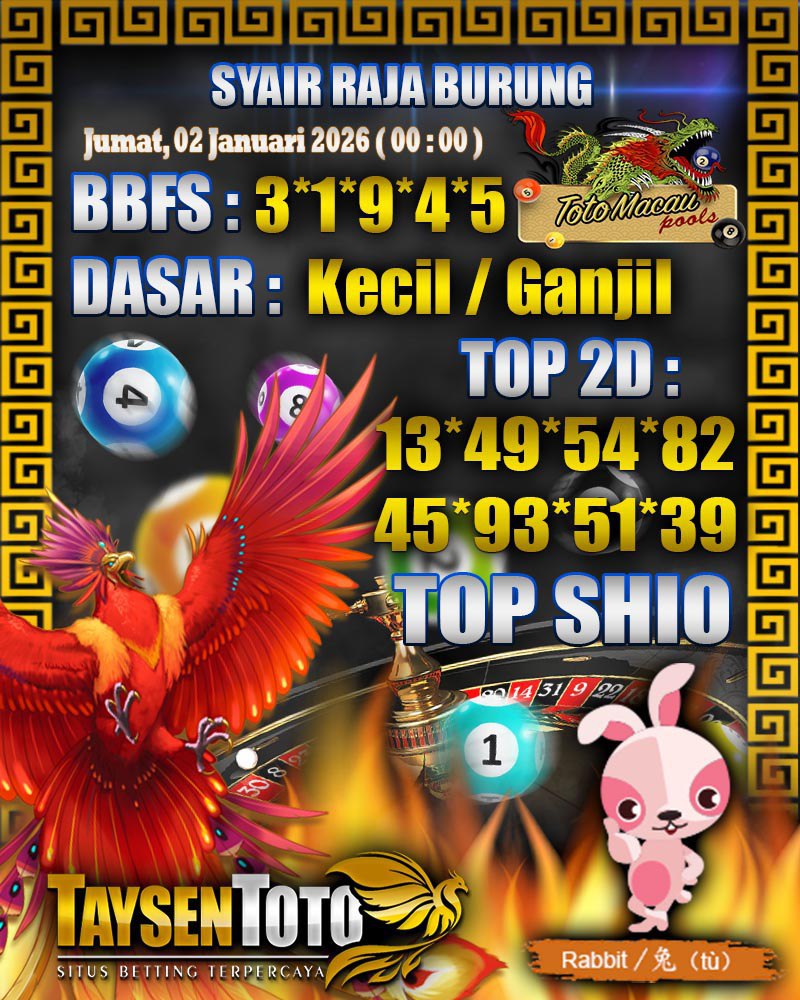 Syair Raja Burung Toto Macau Hari Jumat, 02 Januari 2026| 00 : 01 WIB