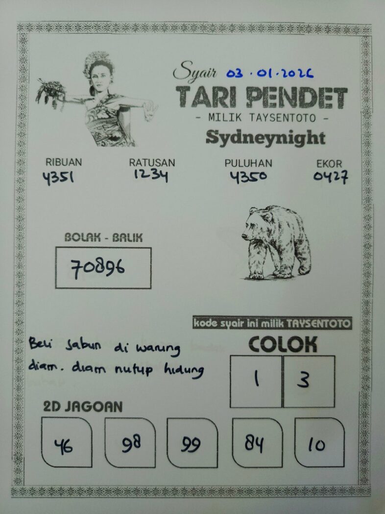 Syair Tari Pendet SydneyNight Hari ini Sabtu, 03 Januari 2026