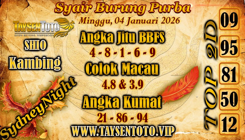 Syair Burung Purba SydneyNight Hari ini Minggu, 04 Januari 2026