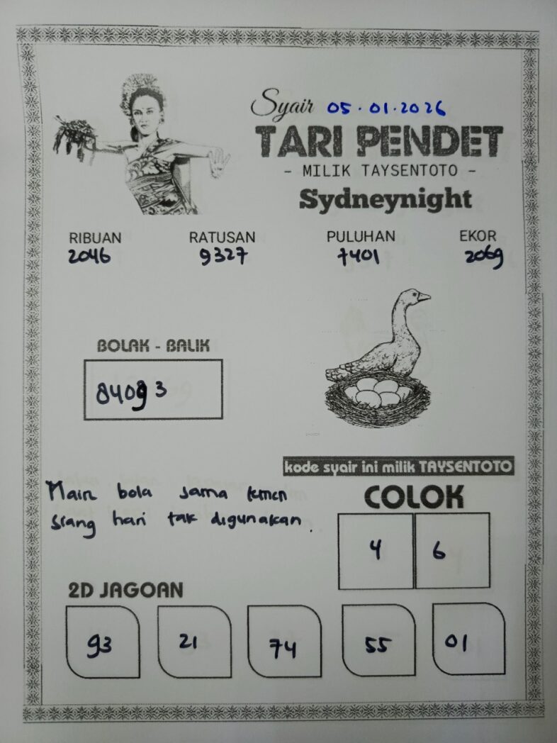 Syair Tari Pendet SydneyNight Hari ini Senin, 05 Januari 2026