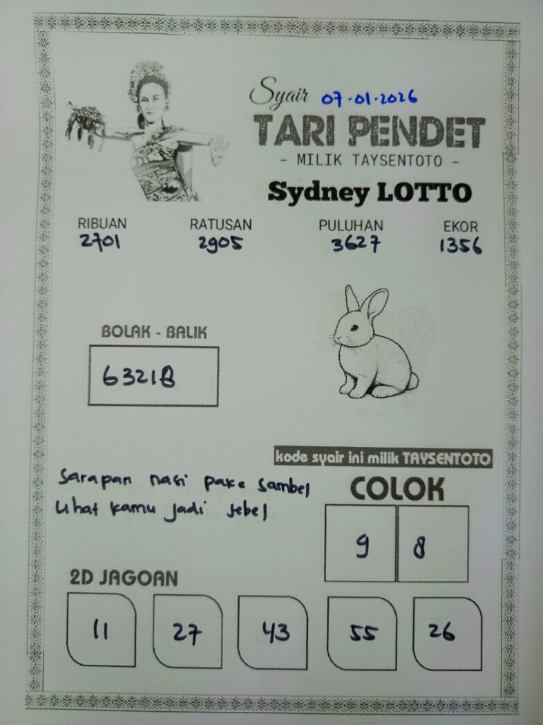 Syair Tari Pendet Sydney Hari ini Rabu, 07 Januari 2026
