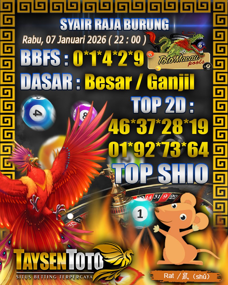 Syair Raja Burung Toto Macau Hari Rabu, 07 Januari 2026| 22 : 00 WIB