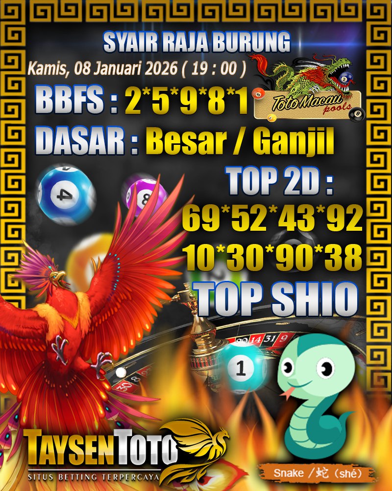 Syair Raja Burung Toto Macau Hari Kamis, 08 Januari 2026| 19 : 00 WIB