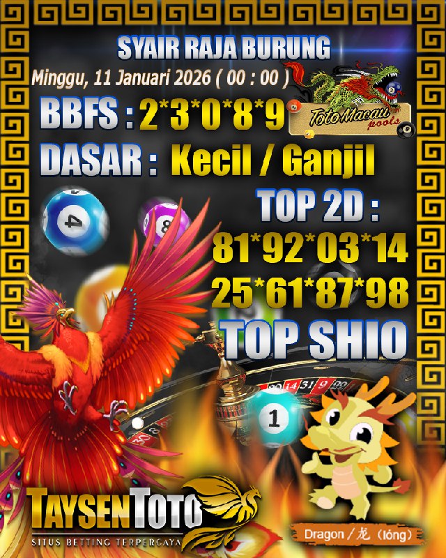Syair Raja Burung Toto Macau Hari Minggu, 11 Januari 2026| 00 : 01 WIB