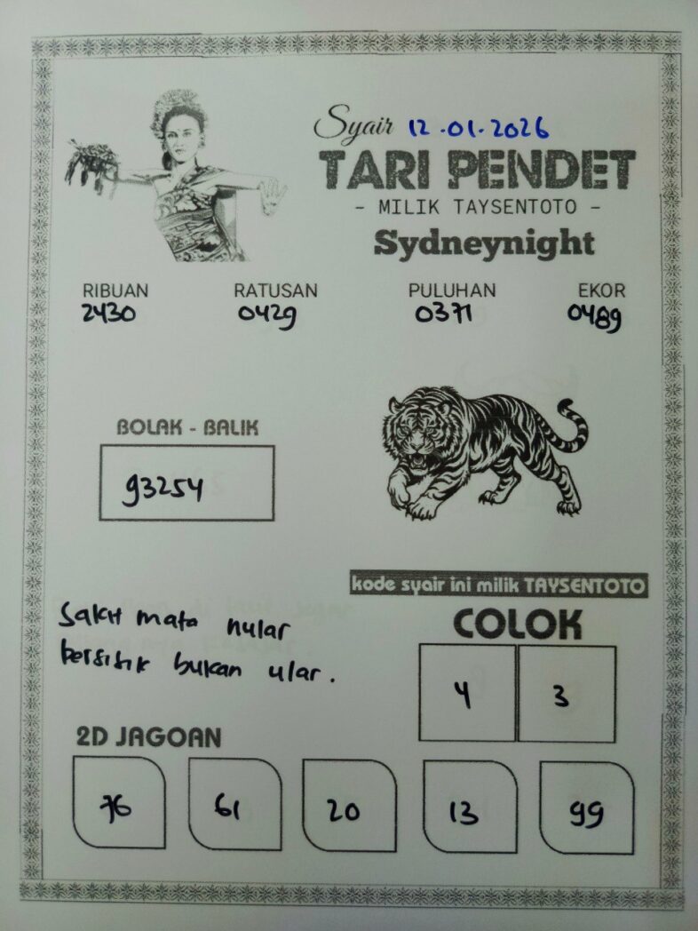 Syair Tari Pendet SydneyNight Hari ini Senin, 12 Januari 2026
