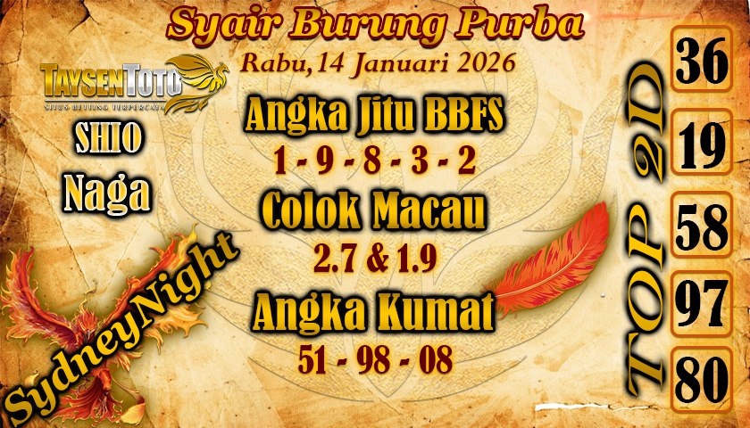 Syair Burung Purba SydneyNight Hari ini Rabu, 14 Januari 2026