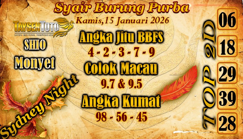 Syair Burung Purba SydneyNight Hari ini Kamis, 15 Januari 2026