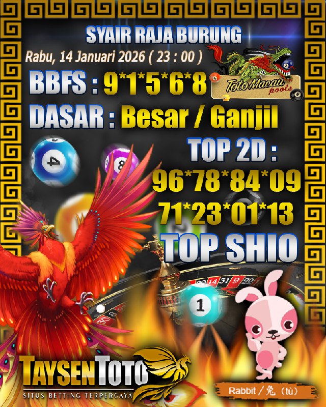 Syair Raja Burung Toto Macau Hari Rabu,14 Januari 2026| 23 : 00 WIB