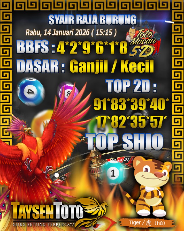 Syair Raja Burung Toto Macau 5D Hari Ini Rabu, 14 Januari 2026| 15 : 15 WIB