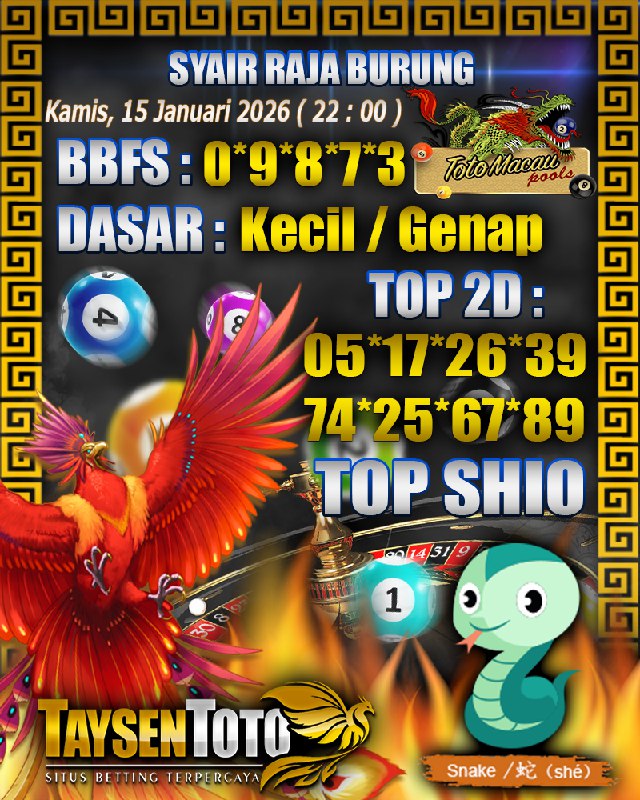 Syair Raja Burung Toto Macau Hari Kamis,15 Januari 2026| 22 : 00 WIB