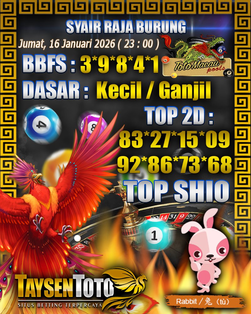 Syair Raja Burung Toto Macau Hari Jumat,16 Januari 2026| 23 : 00 WIB