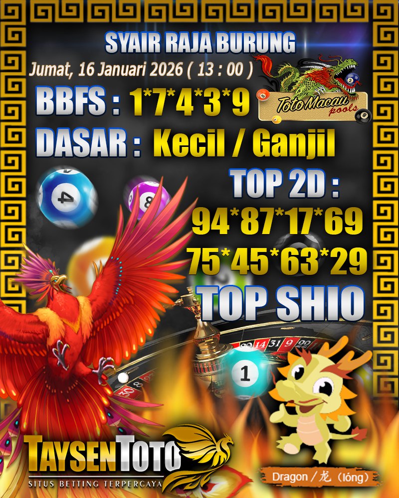 Syair Raja Burung Toto Macau Hari Jumat,16 Januari 2026| 13 : 00 WIB