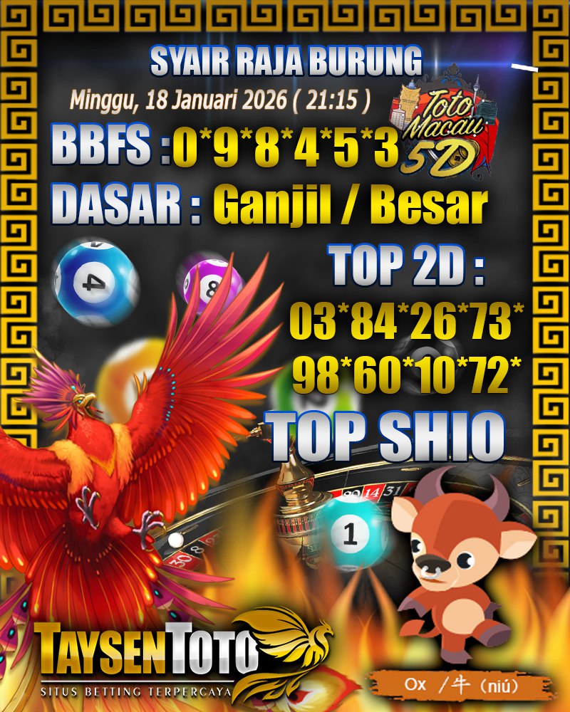 Syair Raja Burung Toto Macau 5D Hari Ini Minggu, 18 Januari 2026| 21 : 15 WIB