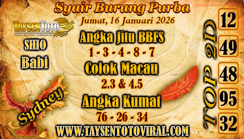 Syair Burung Purba Sydney Hari ini Jumat,16 Januari 2026