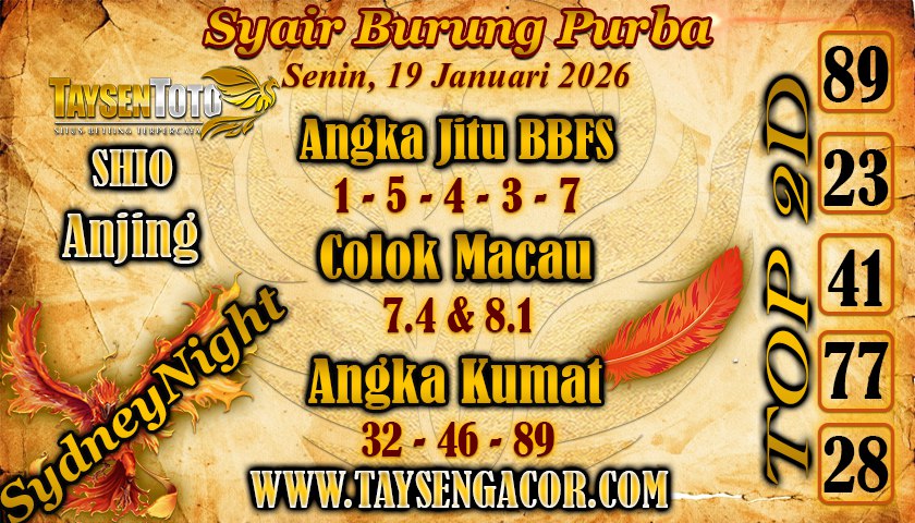Syair Burung Purba SydneyNight Hari ini Senin, 19 Januari 2026
