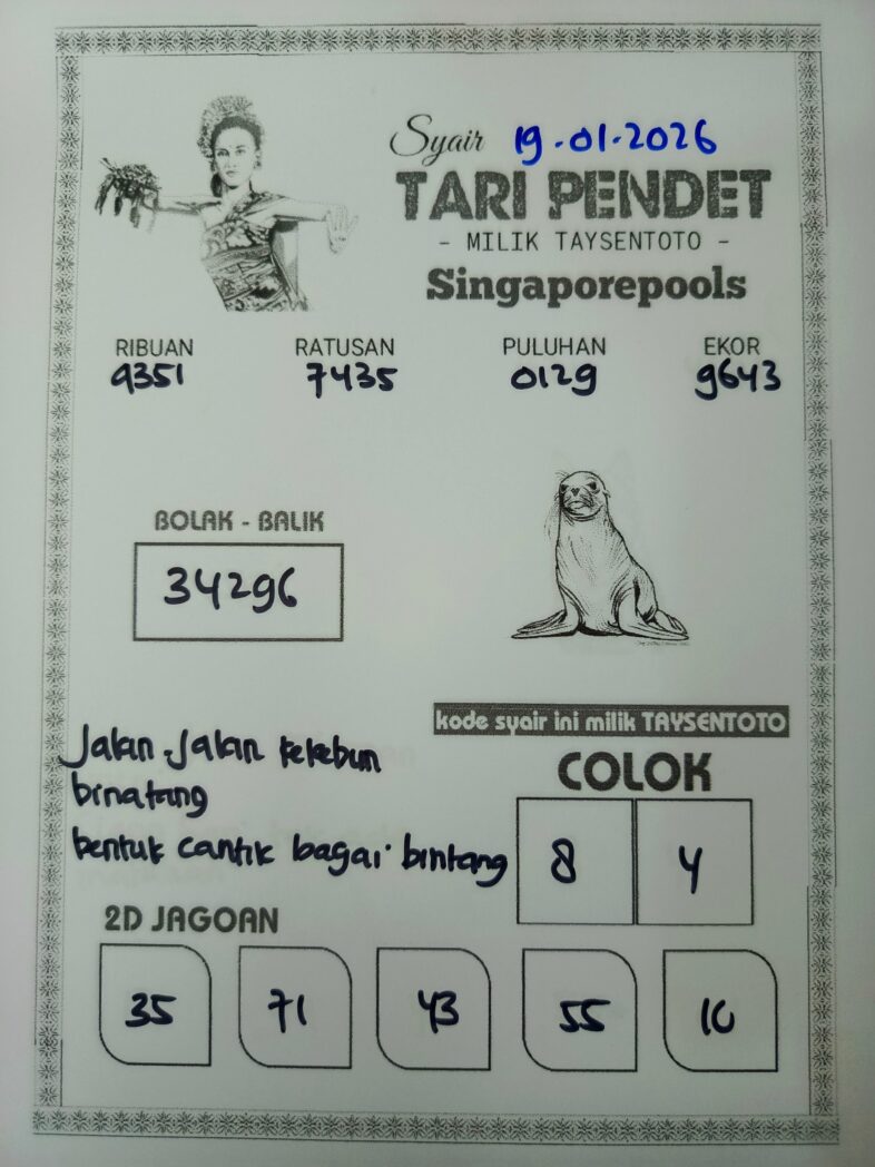 Syair Tari Pendet SGP Hari ini Senin, 19 Januari 2026