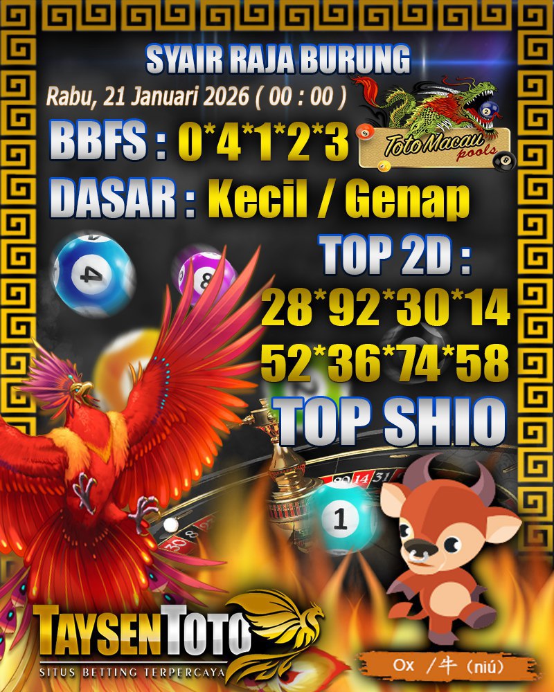 Syair Raja Burung Toto Macau Hari Rabu, 21 Januari 2026| 00 : 01 WIB