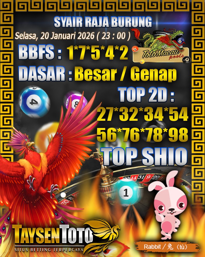 Syair Raja Burung Toto Macau Hari Selasa, 20 Januari 2026| 23 : 00 WIB