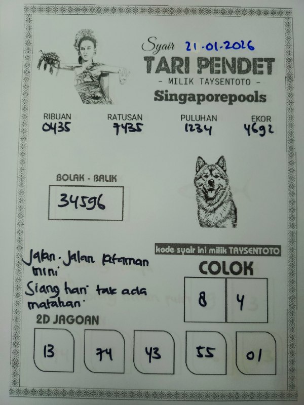 Syair Tari Pendet SGP Hari ini Rabu, 21 Januari 2026