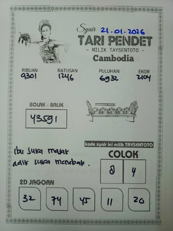 Syair Tari Pendet Cambodia Hari Ini Rabu, 21 Januari 2026