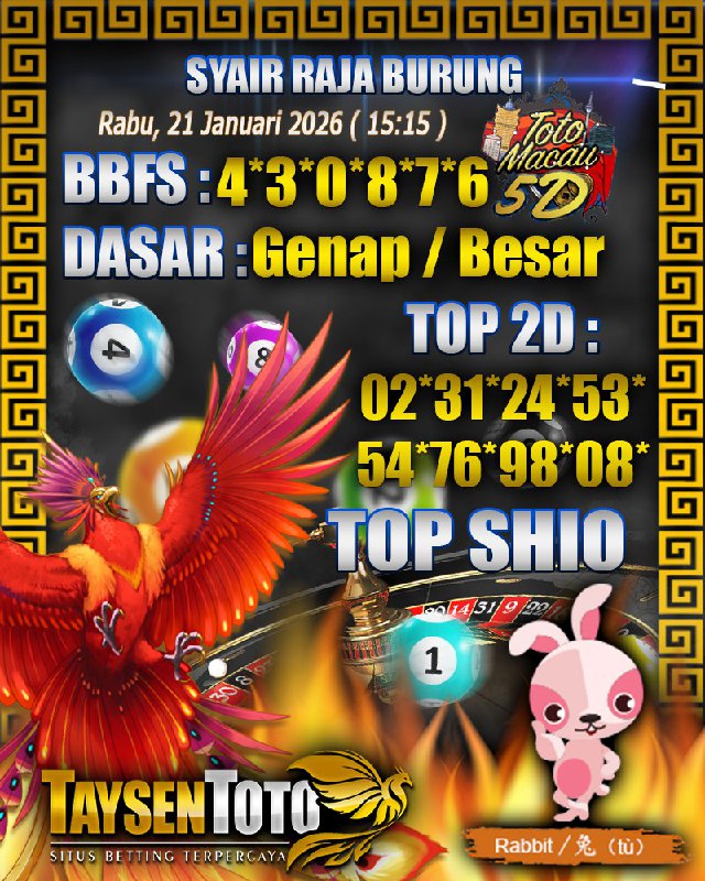 Syair Raja Burung Toto Macau 5D Hari Ini Rabu, 21 Januari 2026| 15 : 15 WIB