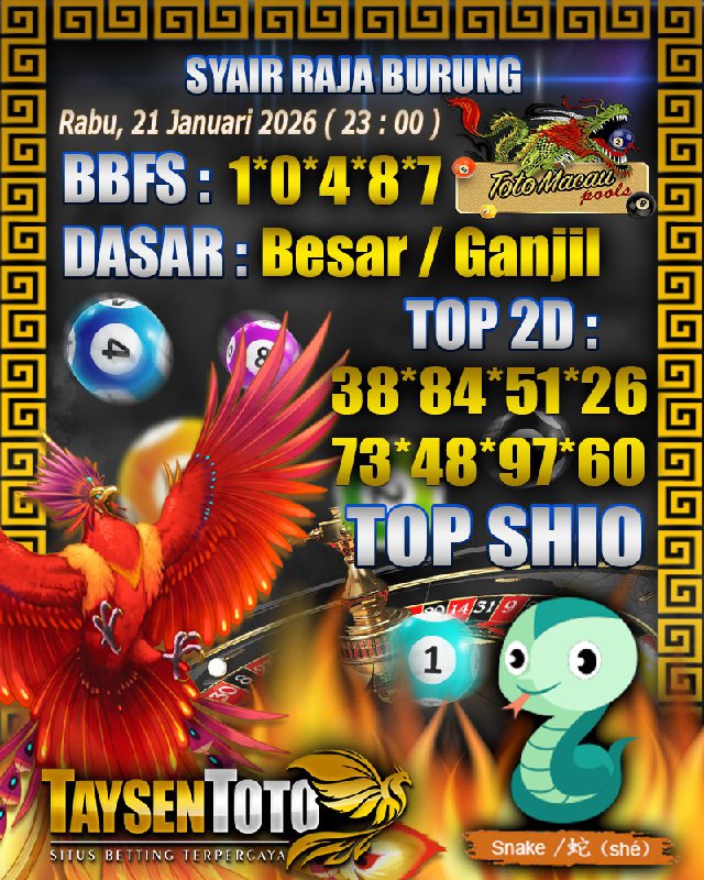 Syair Raja Burung Toto Macau Hari Rabu, 21 Januari 2026| 23 : 00 WIB