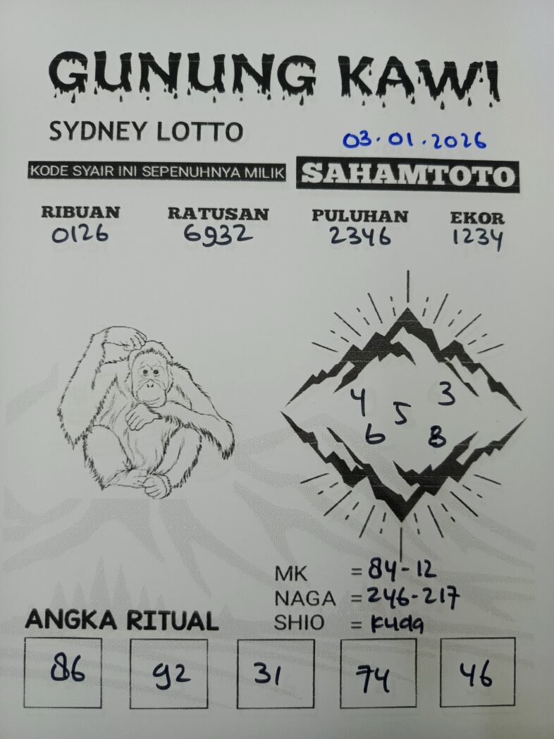 Syair Rintihan Lutung SYDNEY LOTTO Hari ini Sabtu, 03 Januari 2026Syair Gunung Kawi SYDNEY LOTTO Hari ini Sabtu, 03 Januari 2026