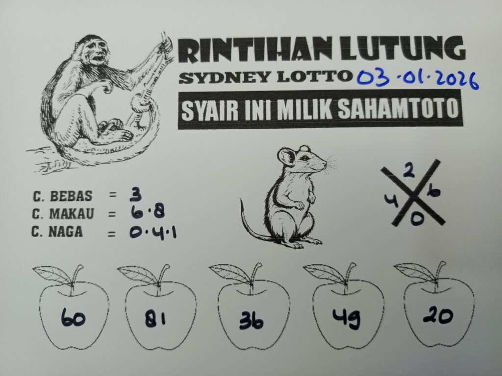 Syair Rintihan Lutung SYDNEY LOTTO Hari ini Sabtu, 03 Januari 2026