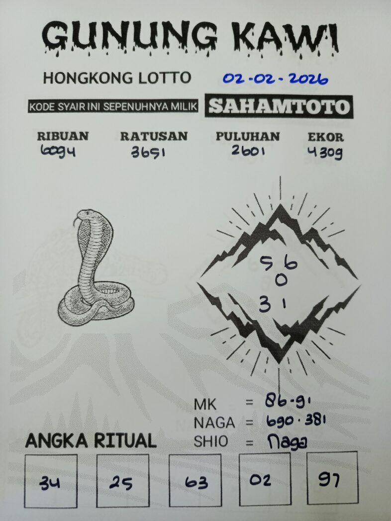 Syair Gunung Kawi HONGKONG LOTTO Hari ini SENIN 02 Februari 2026