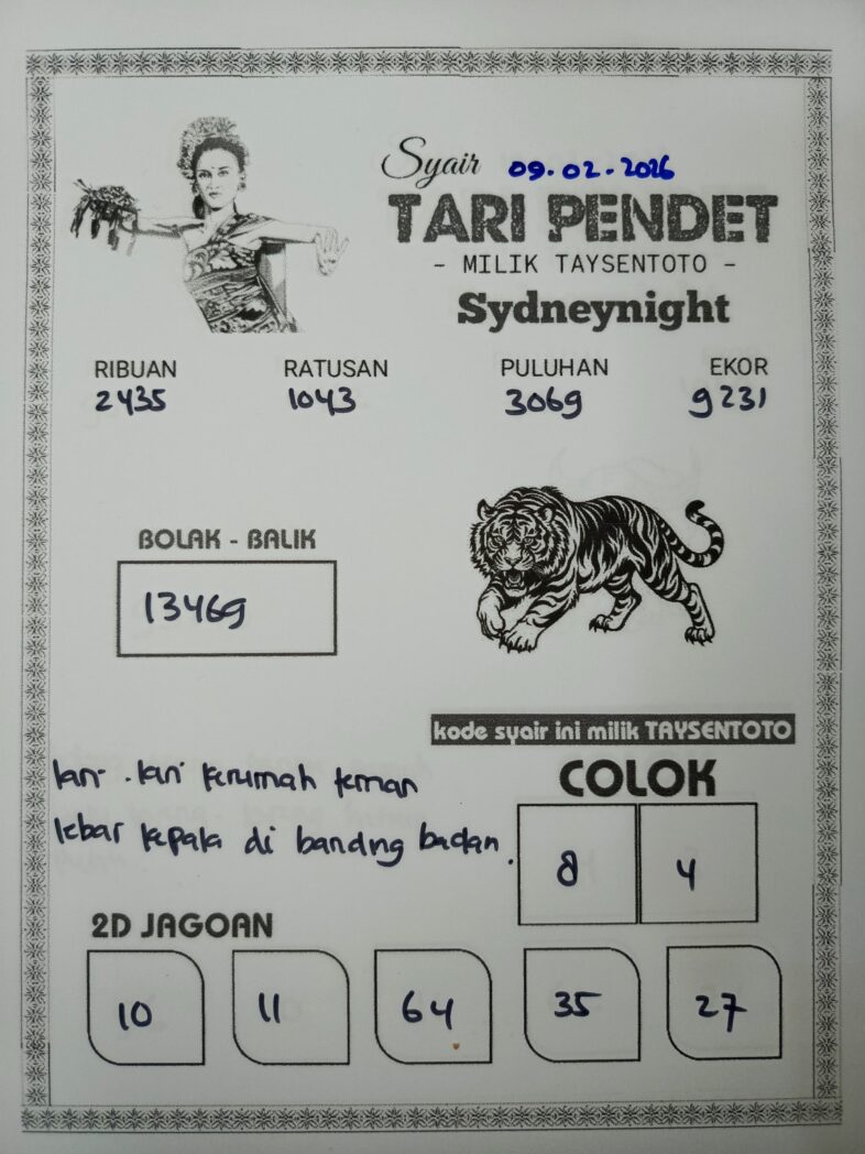 Syair Tari Pendet SydneyNight Hari ini Senin, 09 Februari 2026