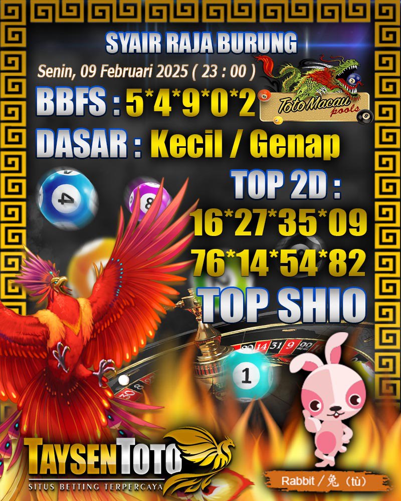 Syair Raja Burung Toto Macau Hari Senin, 09 Februari 2026| 23 : 00 WIB