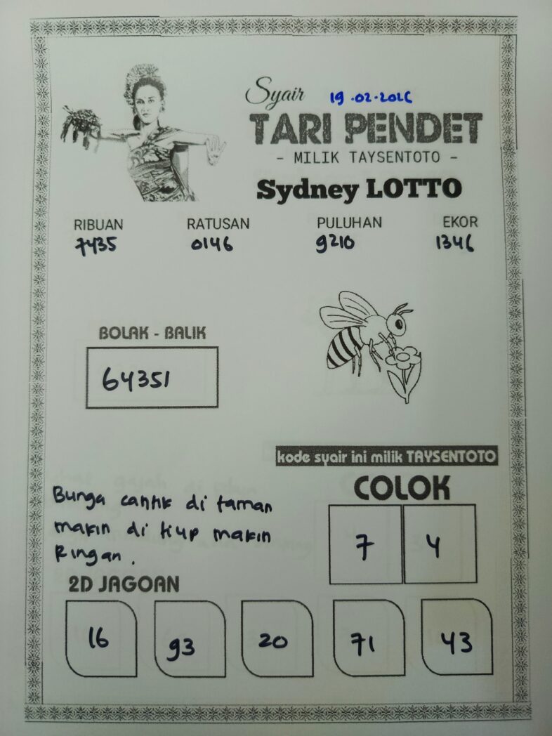 Syair Tari Pendet Sydney Hari ini Kamis, 19 Februari 2026