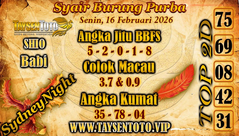 Syair Burung Purba SydneyNight Hari ini Senin, 16 Februari 2026