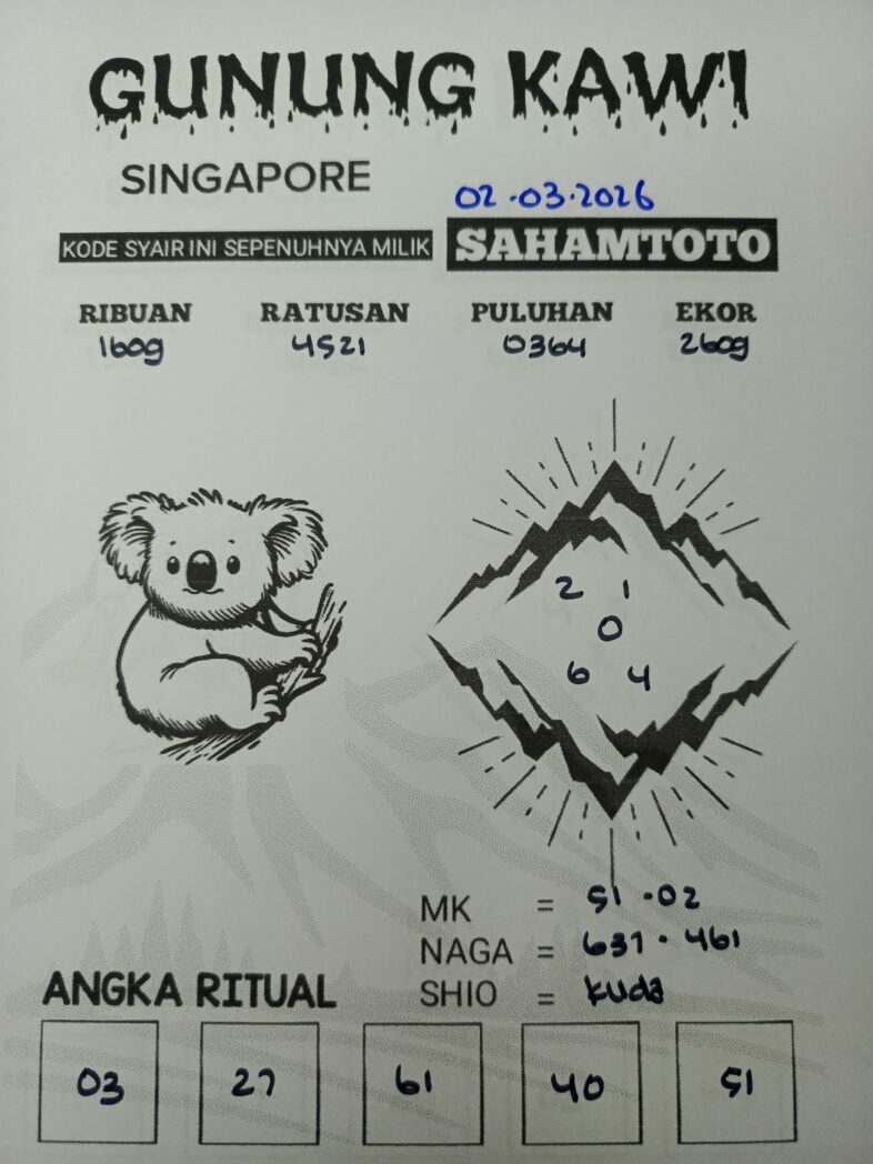 Syair Gunung Kawi SINGAPORE POOLS Hari ini SENIN 02 MARET 2026