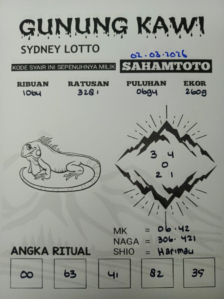 Syair Gunung Kawi SYDNEY LOTTO Hari ini SENIN 02 MARET 2026