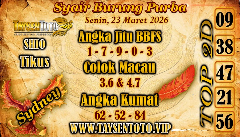 Syair Burung Purba Sydney Hari ini Senin, 23 Maret 2026