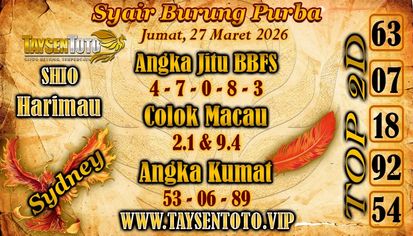 Syair Burung Purba Sydney Hari ini Jumat, 27 Maret 2026