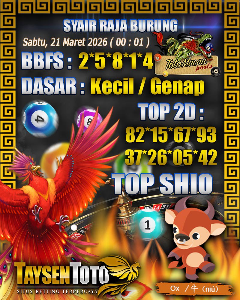 Syair Raja Burung Toto Macau Hari Sabtu, 21 Maret 2026| 00 : 01 WIB