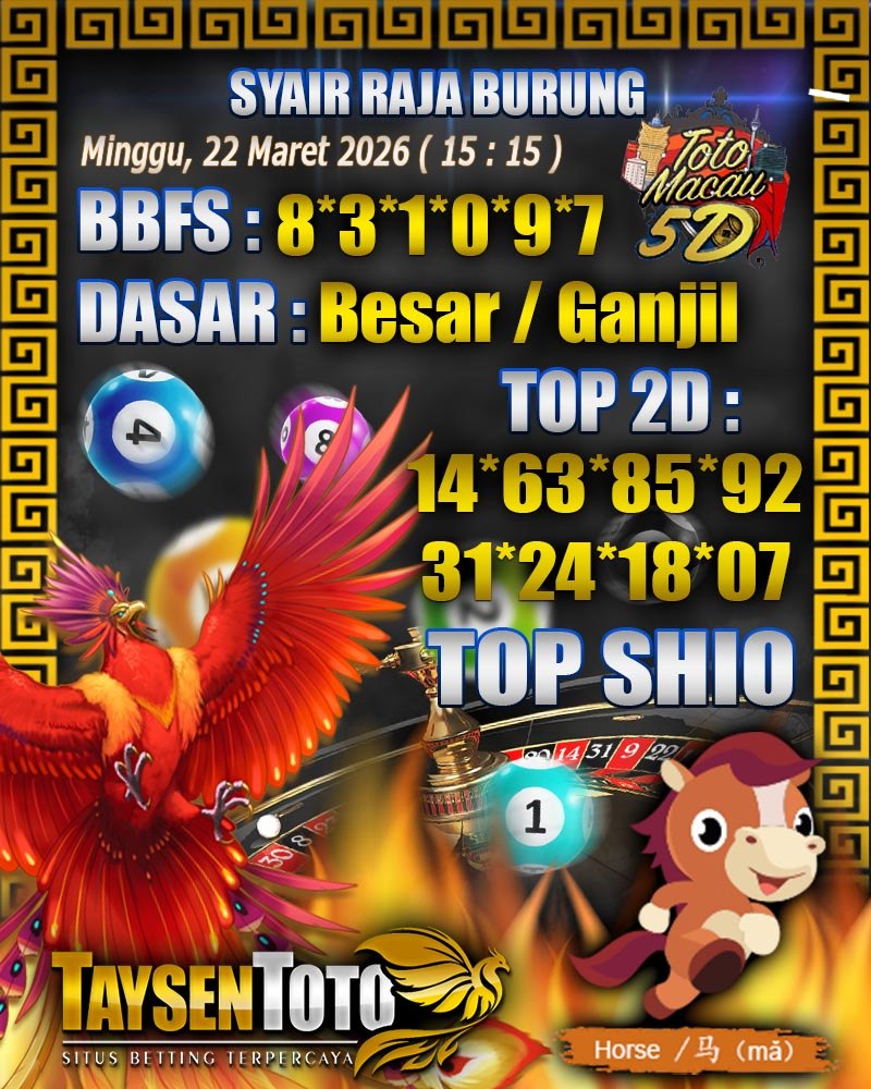 Syair Raja Burung Toto Minggu, 22 Maret 2026| 15 : 15 WIB