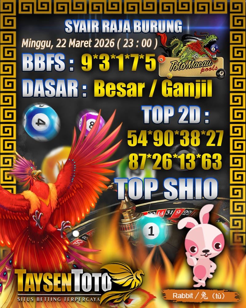Syair Raja Burung Toto Macau Hari Minggu, 22 Maret 2026| 23 : 00 WIB
