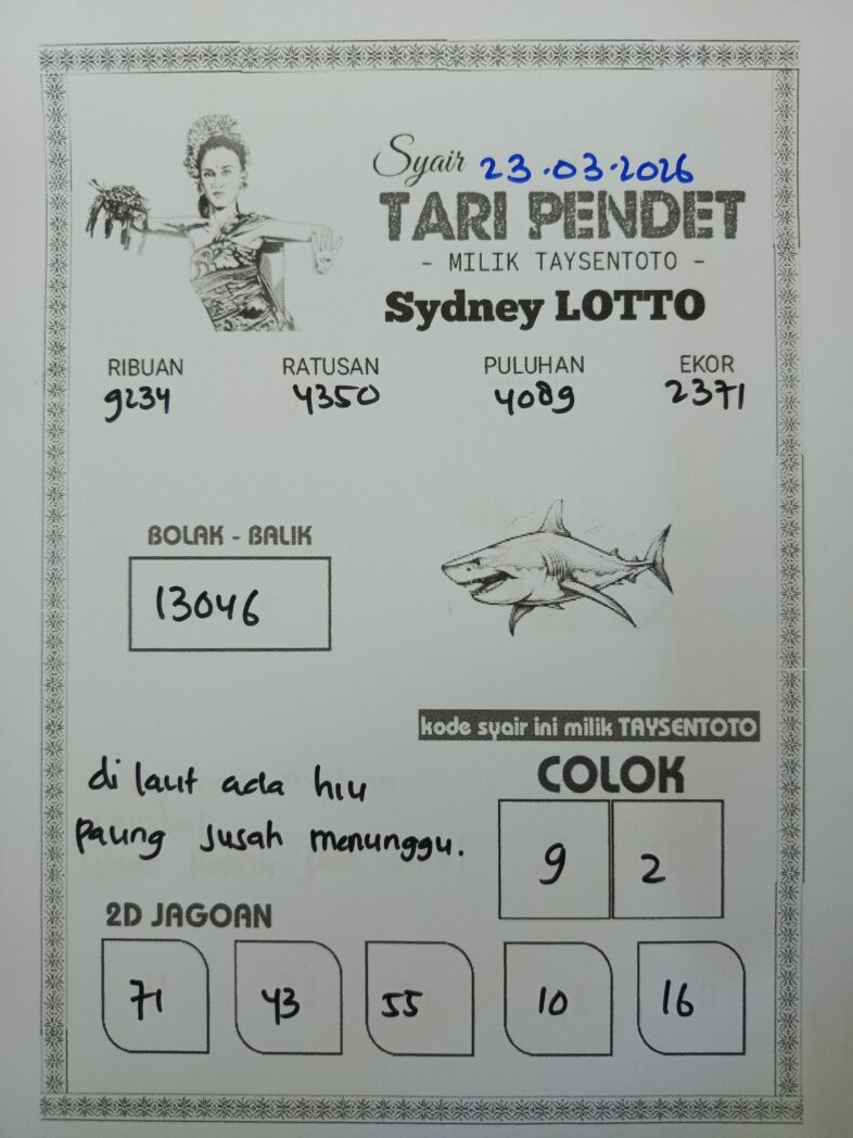 Syair Tari Pendet Sydney Hari ini Senin, 23 Maret 2026