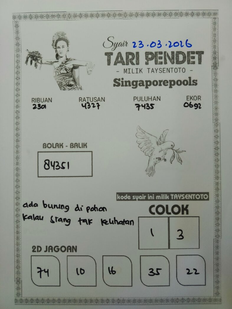 Syair Tari Pendet SGP Hari ini Senin, 23 Maret 2026