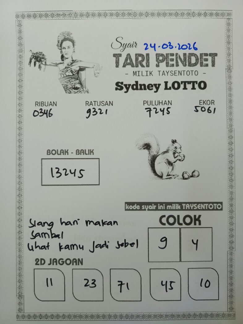 Syair Tari Pendet Sydney Hari ini Selasa, 24 Maret 2026
