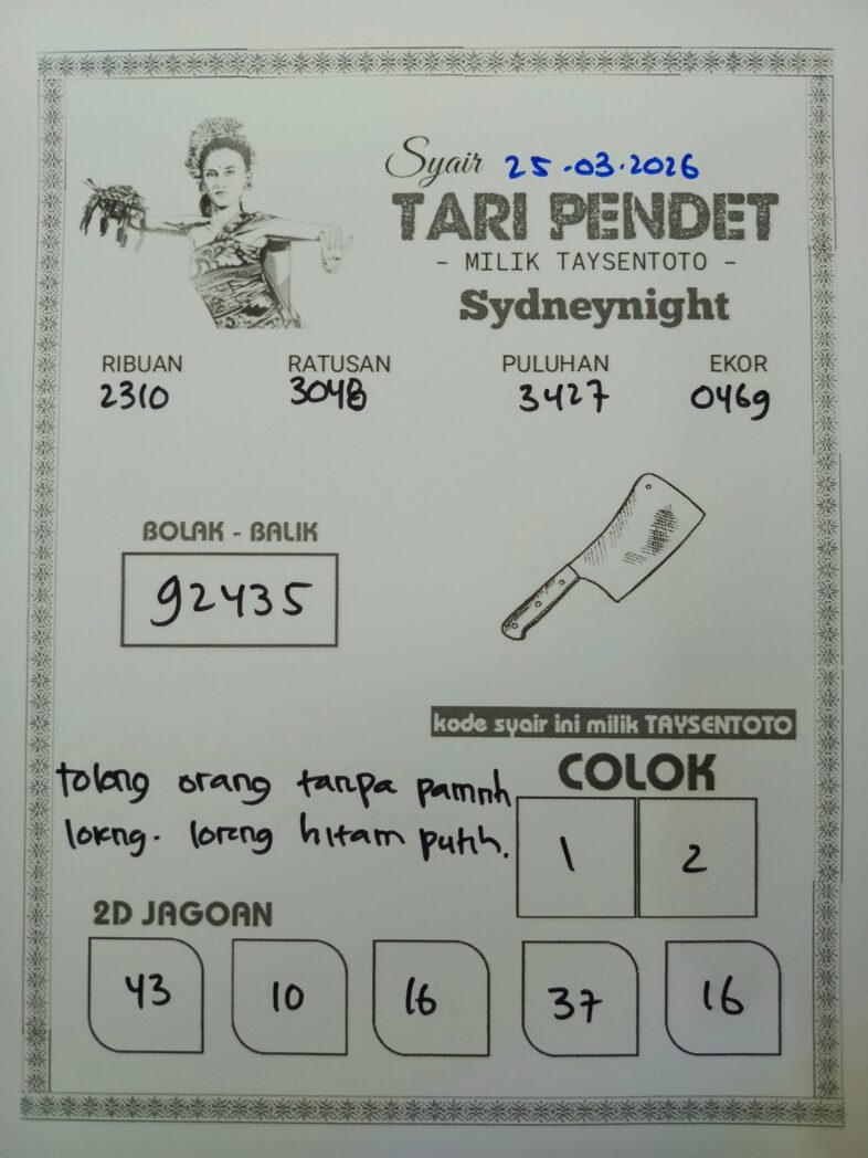 Syair Tari Pendet SydneyNight Hari ini Rabu, 25 Maret 2026