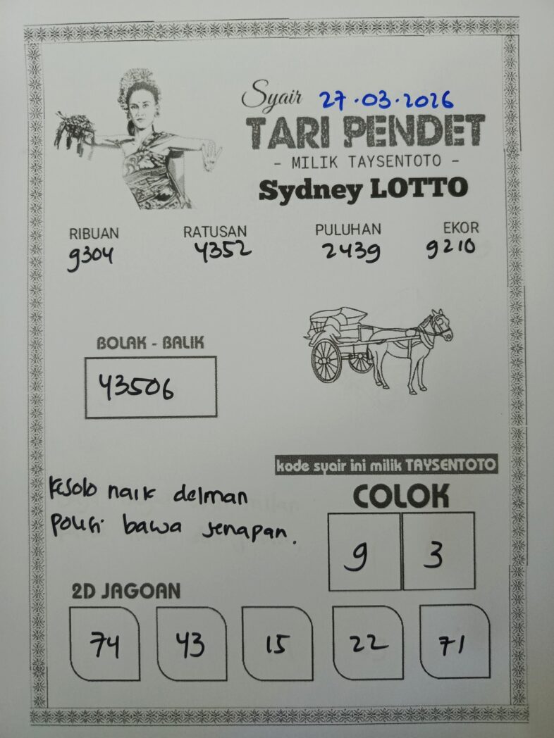 Syair Tari Pendet Sydney Hari ini Jumat, 27 Maret 2026