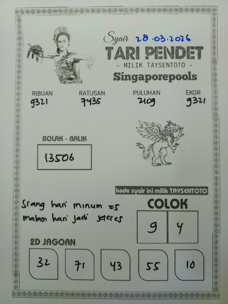 Syair Tari Pendet SGP Hari ini Sabtu, 28 Maret 2026