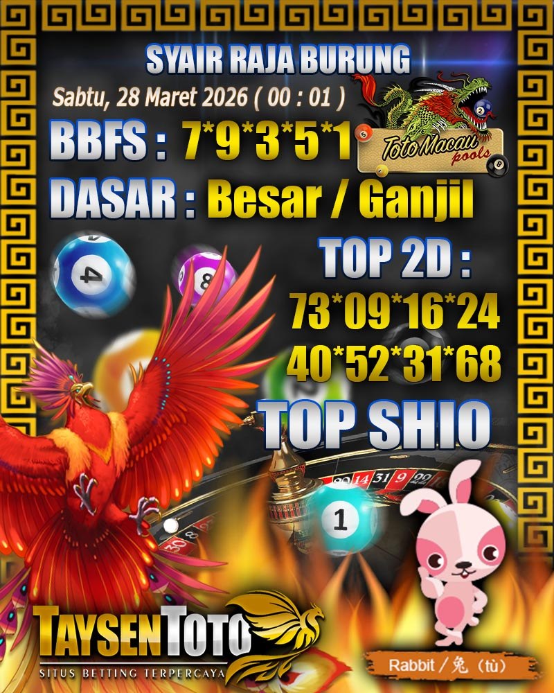 Syair Raja Burung Toto Macau Hari Sabtu, 28 Maret 2026| 00 : 01 WIB