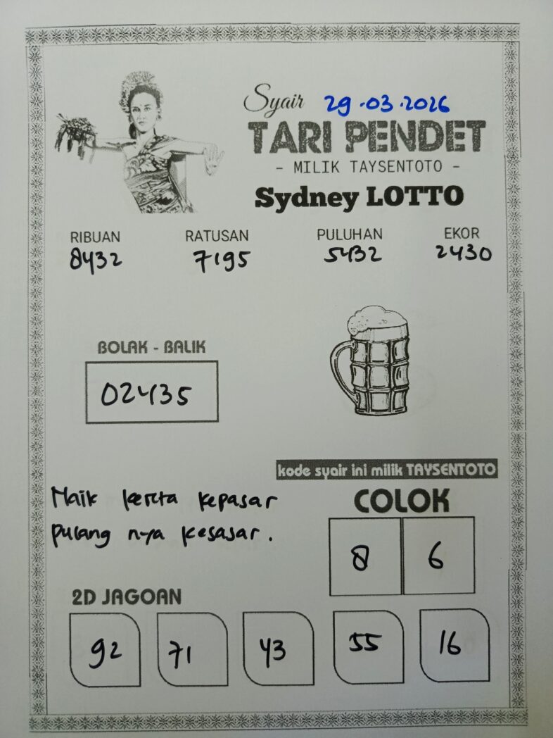 Syair Tari Pendet Sydney Hari ini Minggu, 29 Maret 2026