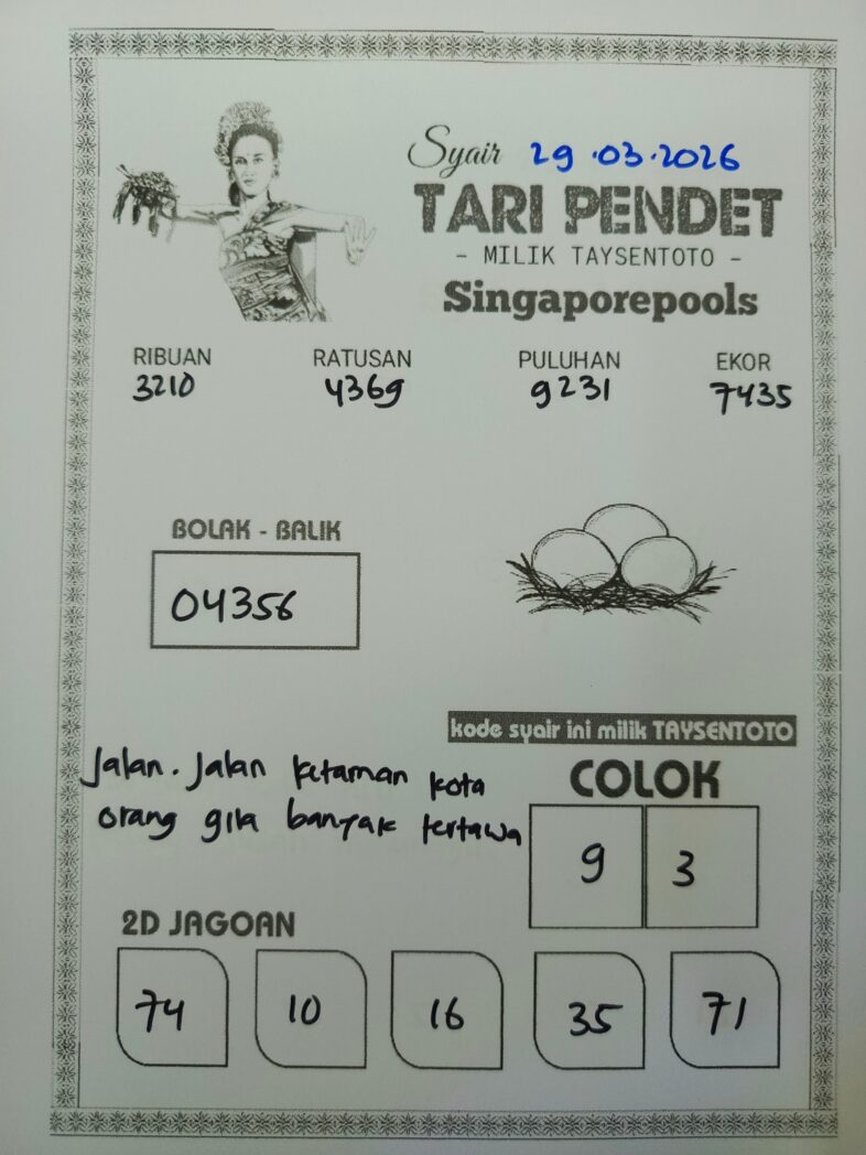 Syair Tari Pendet SGP Hari ini Minggu, 29 Maret 2026