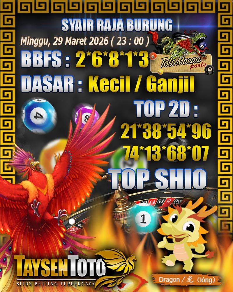 Syair Raja Burung Toto Macau Hari Minggu, 29 Maret 2026| 23 : 00 WIB